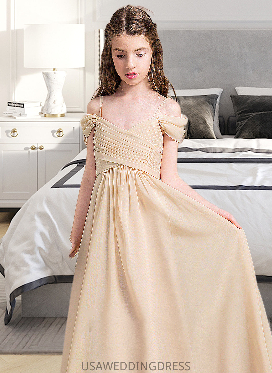 Aliya A-Line Off-the-Shoulder Floor-Length Chiffon Junior Bridesmaid Dress With Ruffle DSP0013595