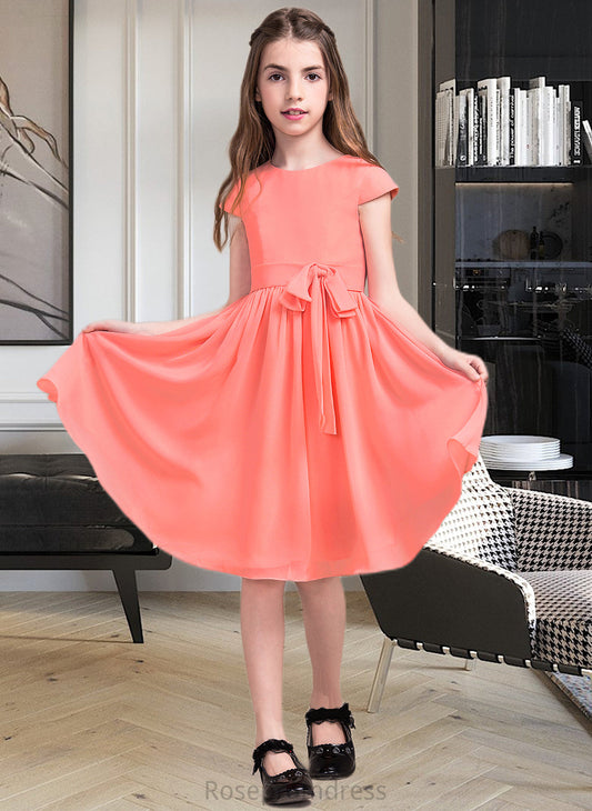 Liz A-Line Scoop Neck Knee-Length Chiffon Junior Bridesmaid Dress With Bow(s) SRSP0013596