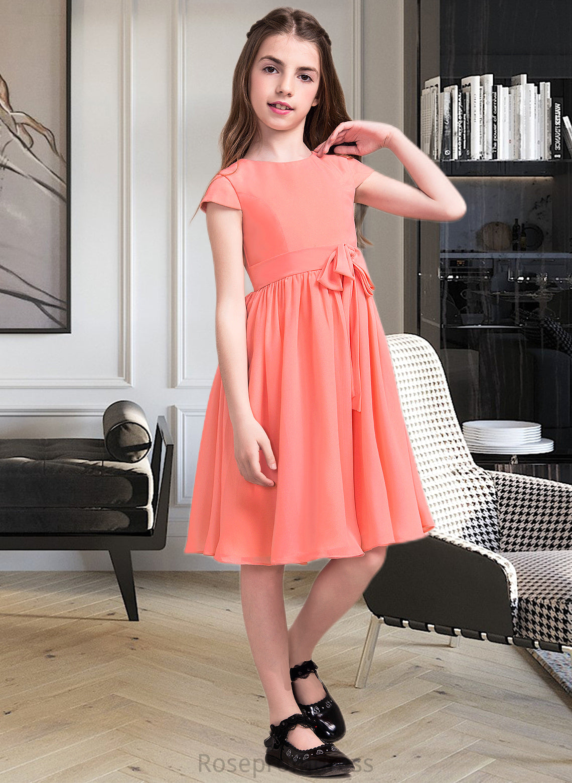 Liz A-Line Scoop Neck Knee-Length Chiffon Junior Bridesmaid Dress With Bow(s) SRSP0013596