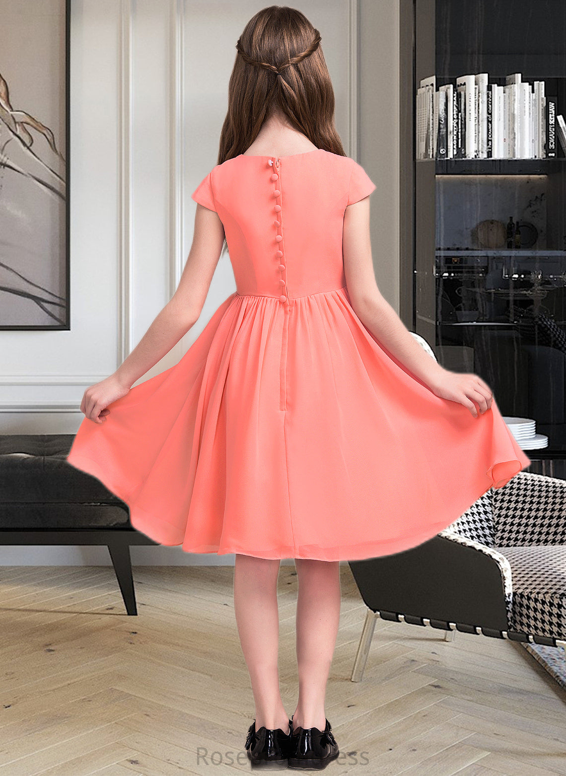 Liz A-Line Scoop Neck Knee-Length Chiffon Junior Bridesmaid Dress With Bow(s) SRSP0013596