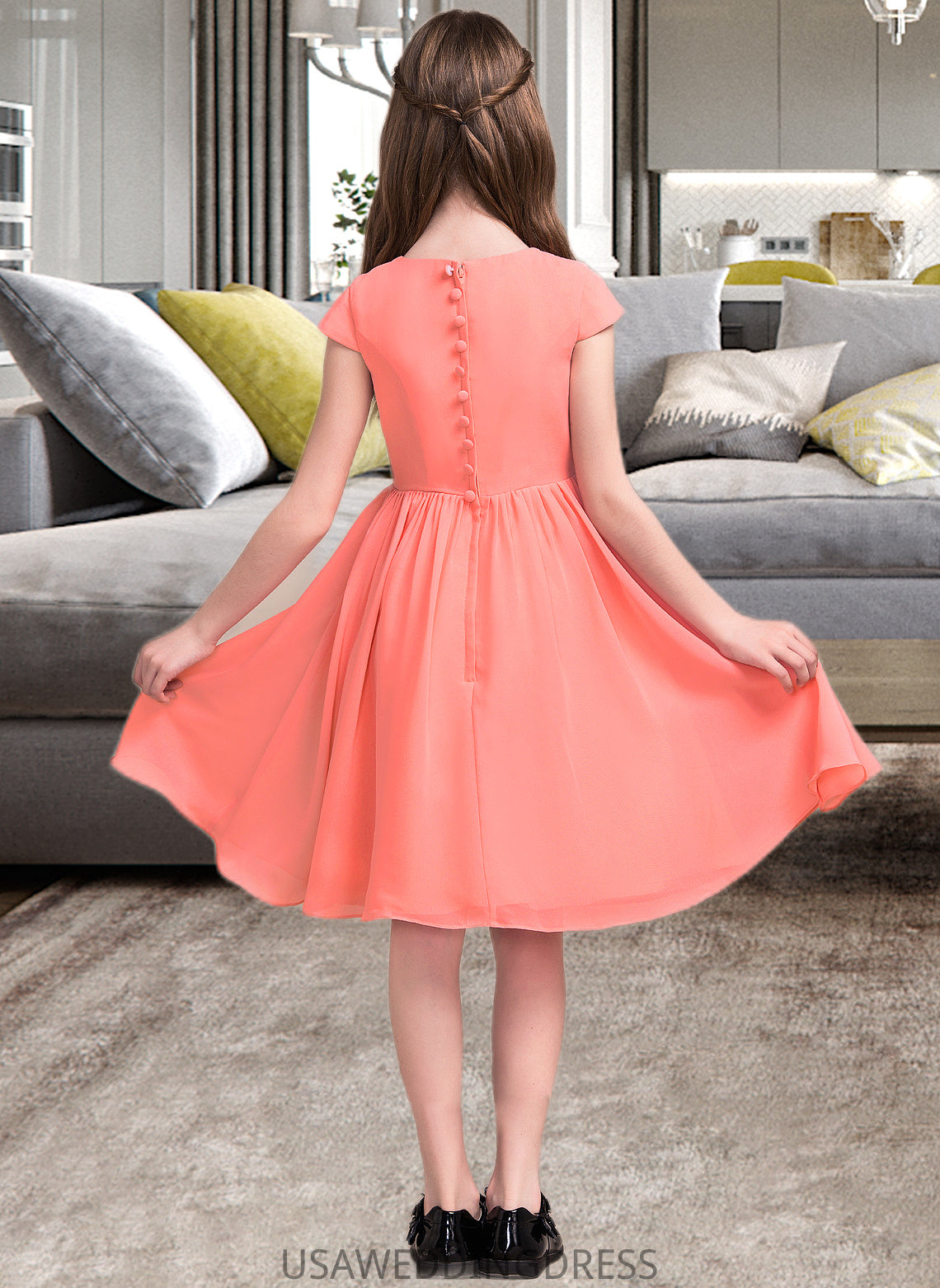 Abigail A-Line Scoop Neck Knee-Length Chiffon Junior Bridesmaid Dress With Bow(s) DSP0013596