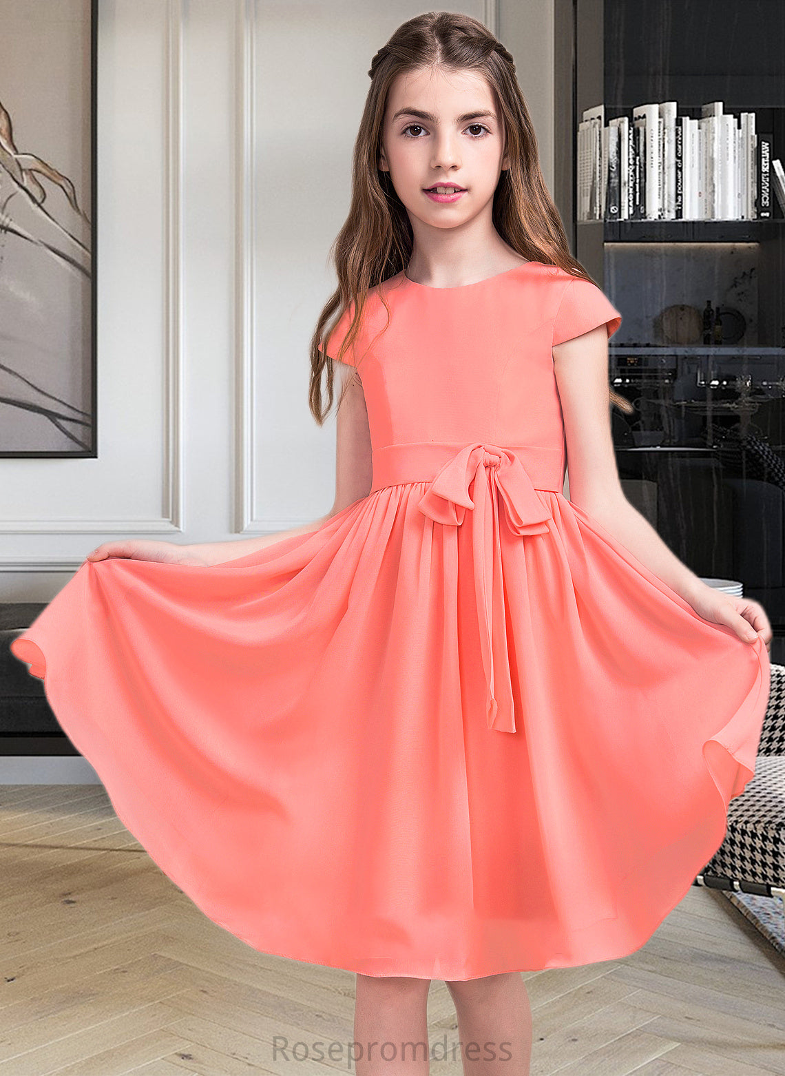 Liz A-Line Scoop Neck Knee-Length Chiffon Junior Bridesmaid Dress With Bow(s) SRSP0013596