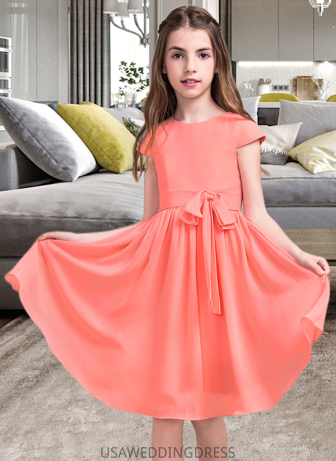 Abigail A-Line Scoop Neck Knee-Length Chiffon Junior Bridesmaid Dress With Bow(s) DSP0013596