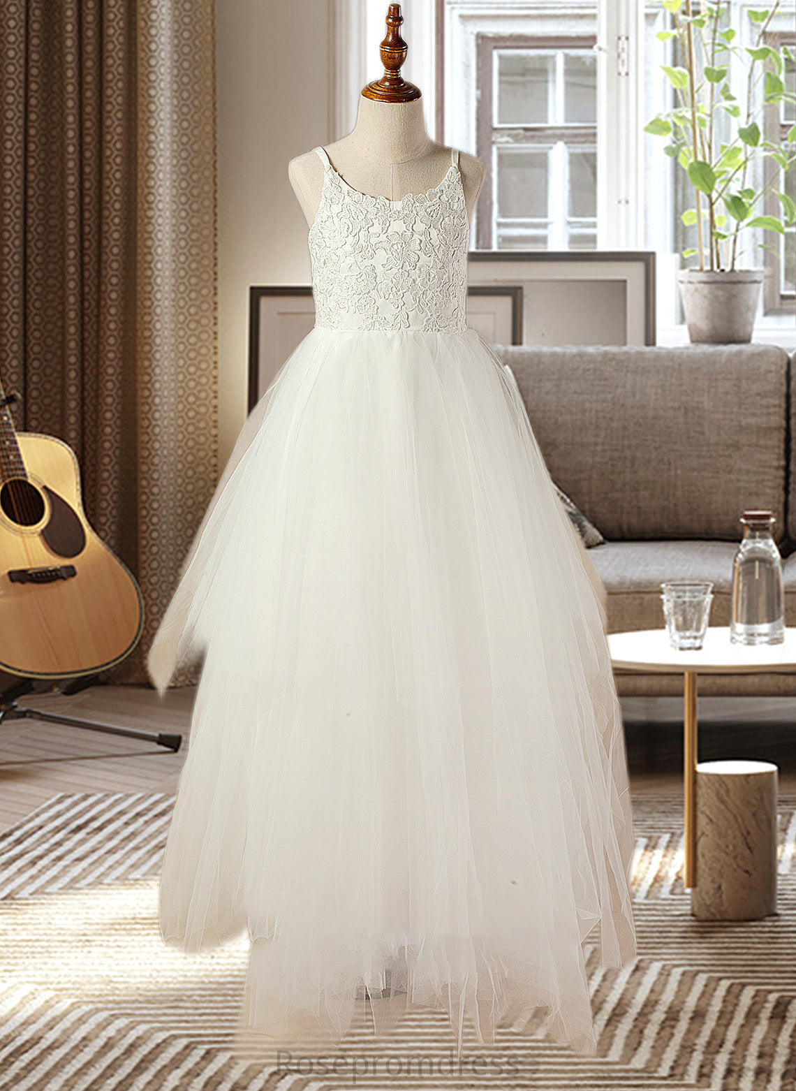 Stephanie A-Line Scoop Neck Floor-Length Tulle Lace Junior Bridesmaid Dress With Lace SRSP0013598