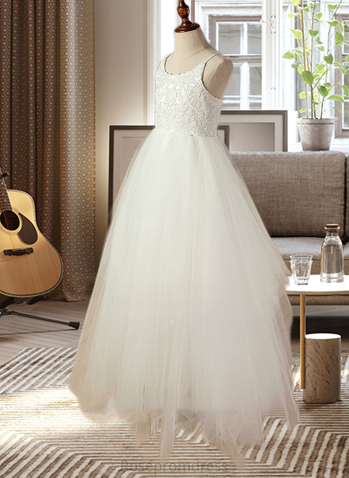 Stephanie A-Line Scoop Neck Floor-Length Tulle Lace Junior Bridesmaid Dress With Lace SRSP0013598