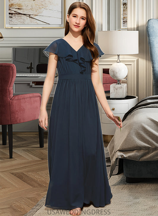 Anne A-Line V-neck Floor-Length Chiffon Junior Bridesmaid Dress With Bow(s) Cascading Ruffles DSP0013599