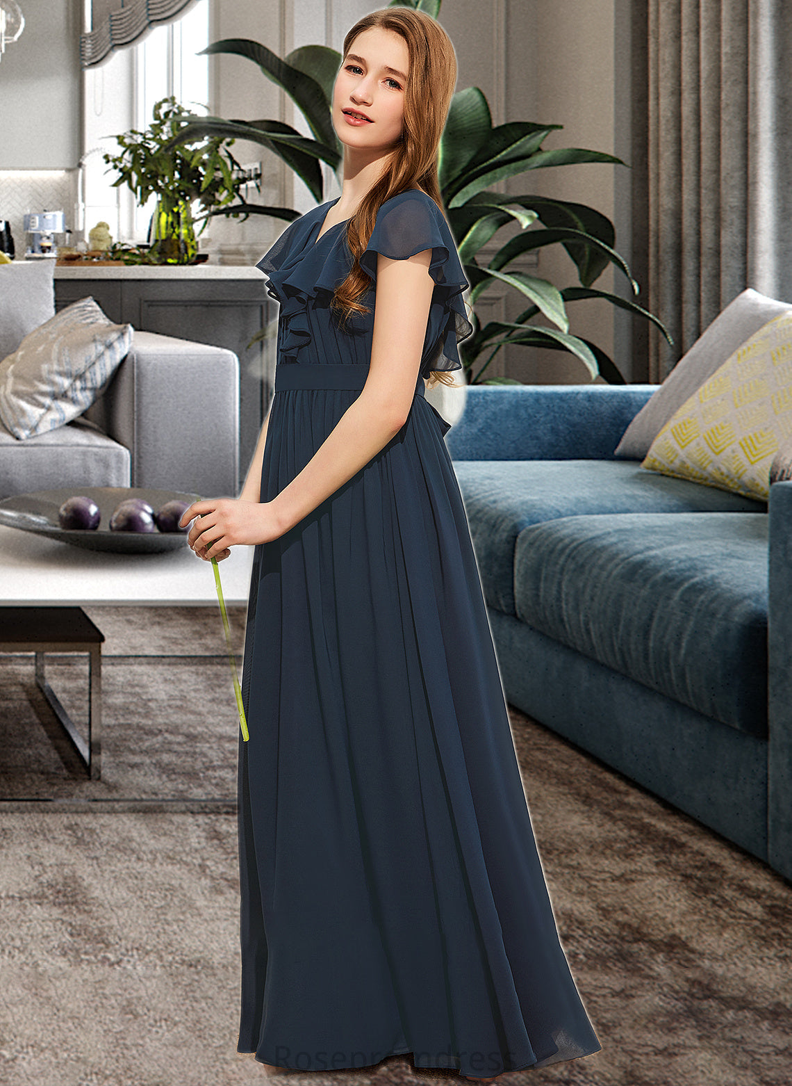 Caitlyn A-Line V-neck Floor-Length Chiffon Junior Bridesmaid Dress With Bow(s) Cascading Ruffles SRSP0013599