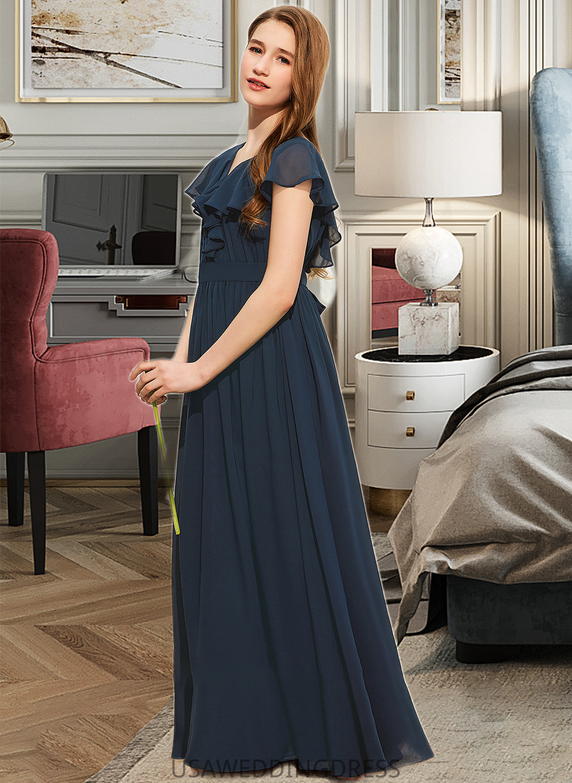 Anne A-Line V-neck Floor-Length Chiffon Junior Bridesmaid Dress With Bow(s) Cascading Ruffles DSP0013599