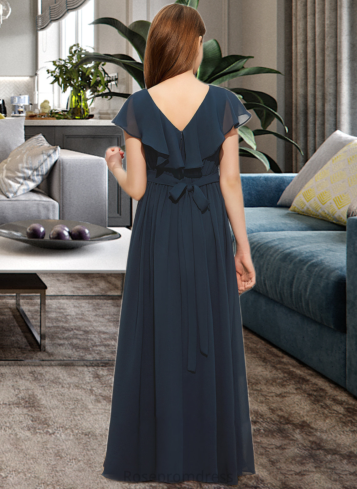 Caitlyn A-Line V-neck Floor-Length Chiffon Junior Bridesmaid Dress With Bow(s) Cascading Ruffles SRSP0013599