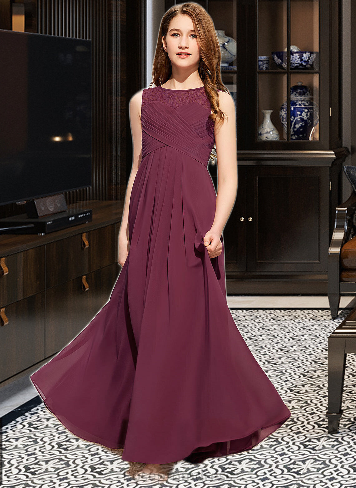 Vanessa A-Line Scoop Neck Floor-Length Chiffon Lace Junior Bridesmaid Dress With Ruffle Bow(s) SRSP0013600