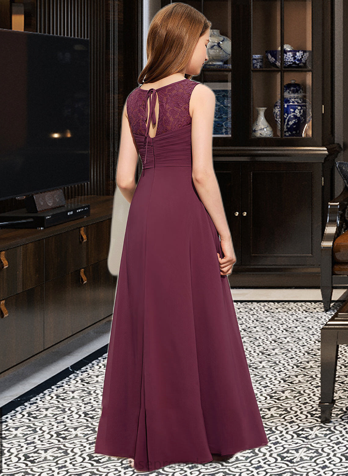 Vanessa A-Line Scoop Neck Floor-Length Chiffon Lace Junior Bridesmaid Dress With Ruffle Bow(s) SRSP0013600