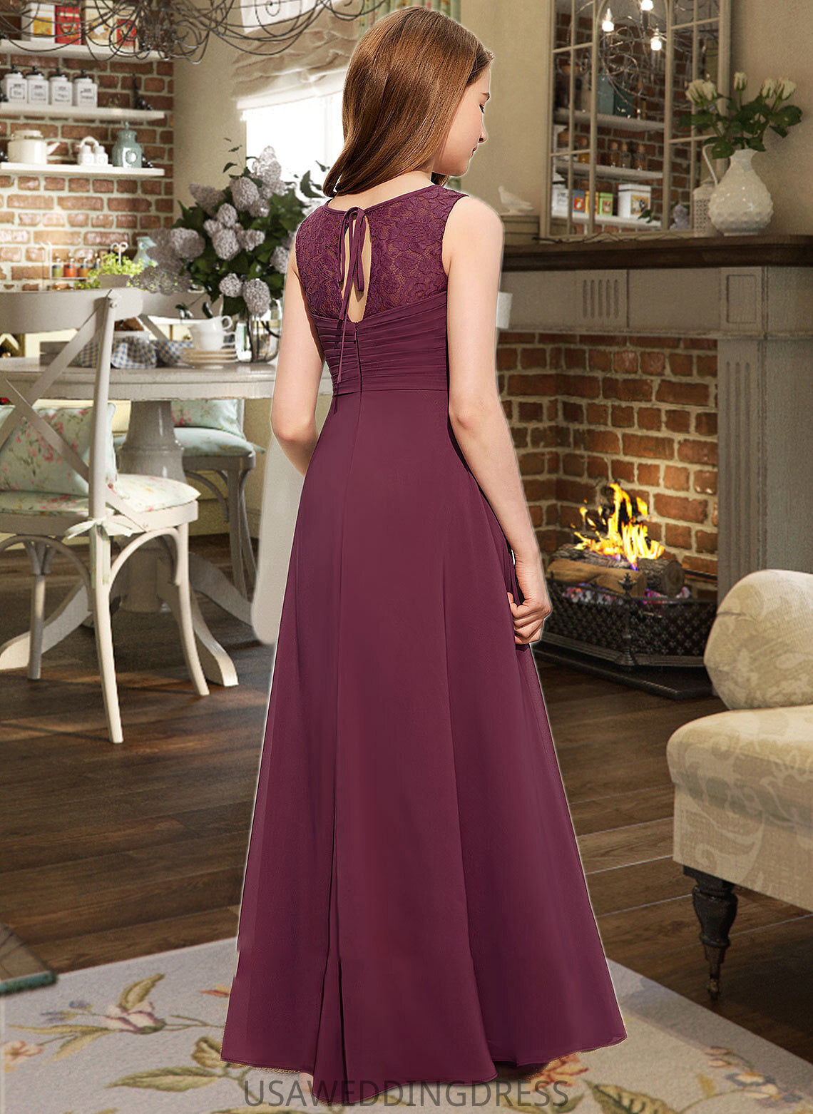 Everly A-Line Scoop Neck Floor-Length Chiffon Lace Junior Bridesmaid Dress With Ruffle Bow(s) DSP0013600