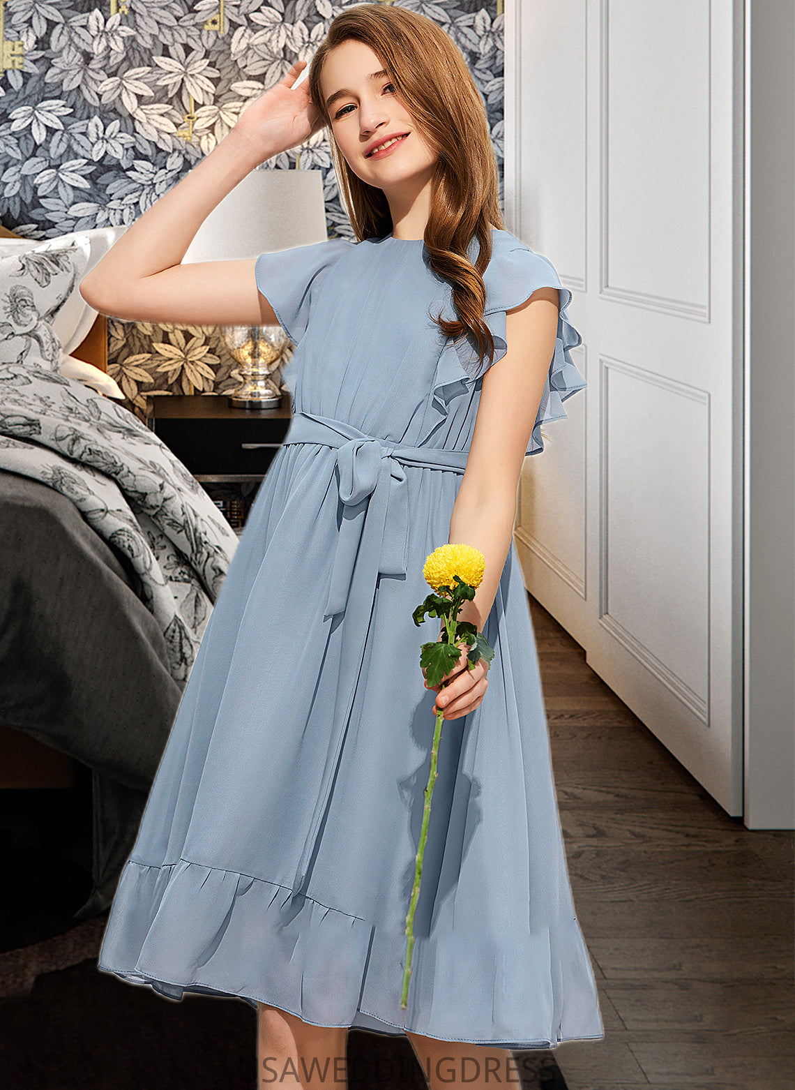 Sabrina A-Line Scoop Neck Knee-Length Chiffon Junior Bridesmaid Dress With Bow(s) Cascading Ruffles DSP0013601