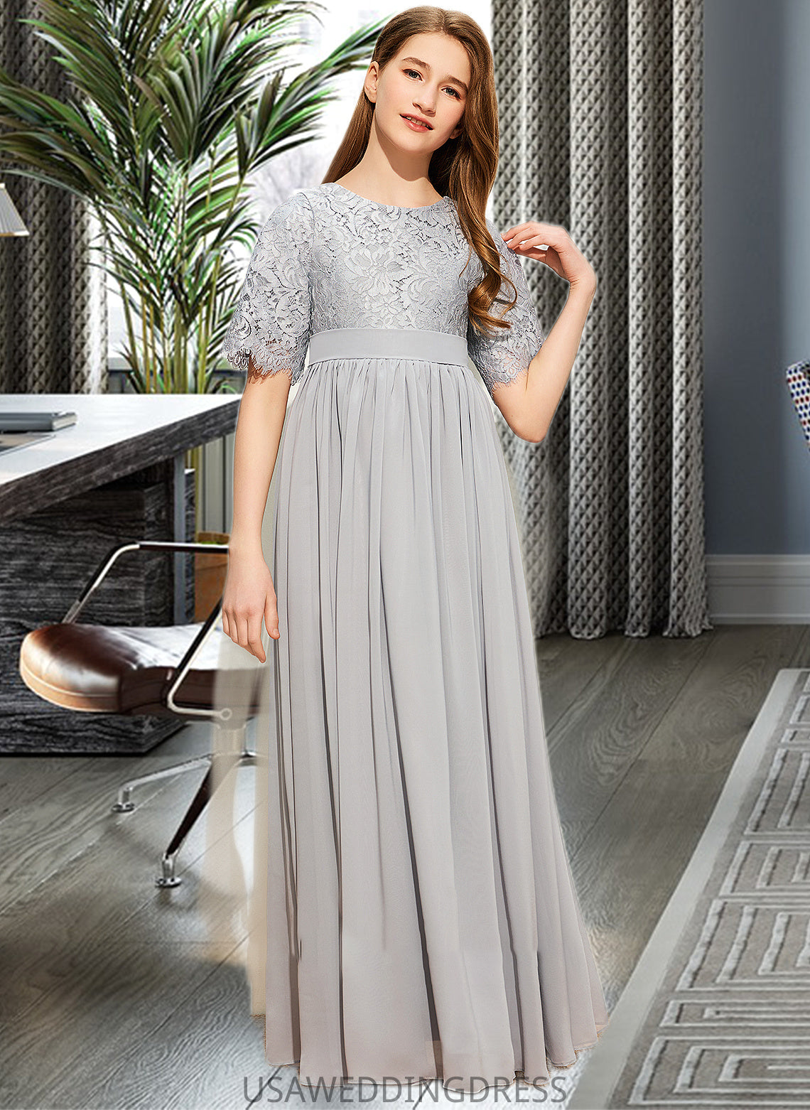 Justice A-LineScoopNeckFloor-LengthChiffonLaceJuniorBridesmaidDress#253700 DSP0013602