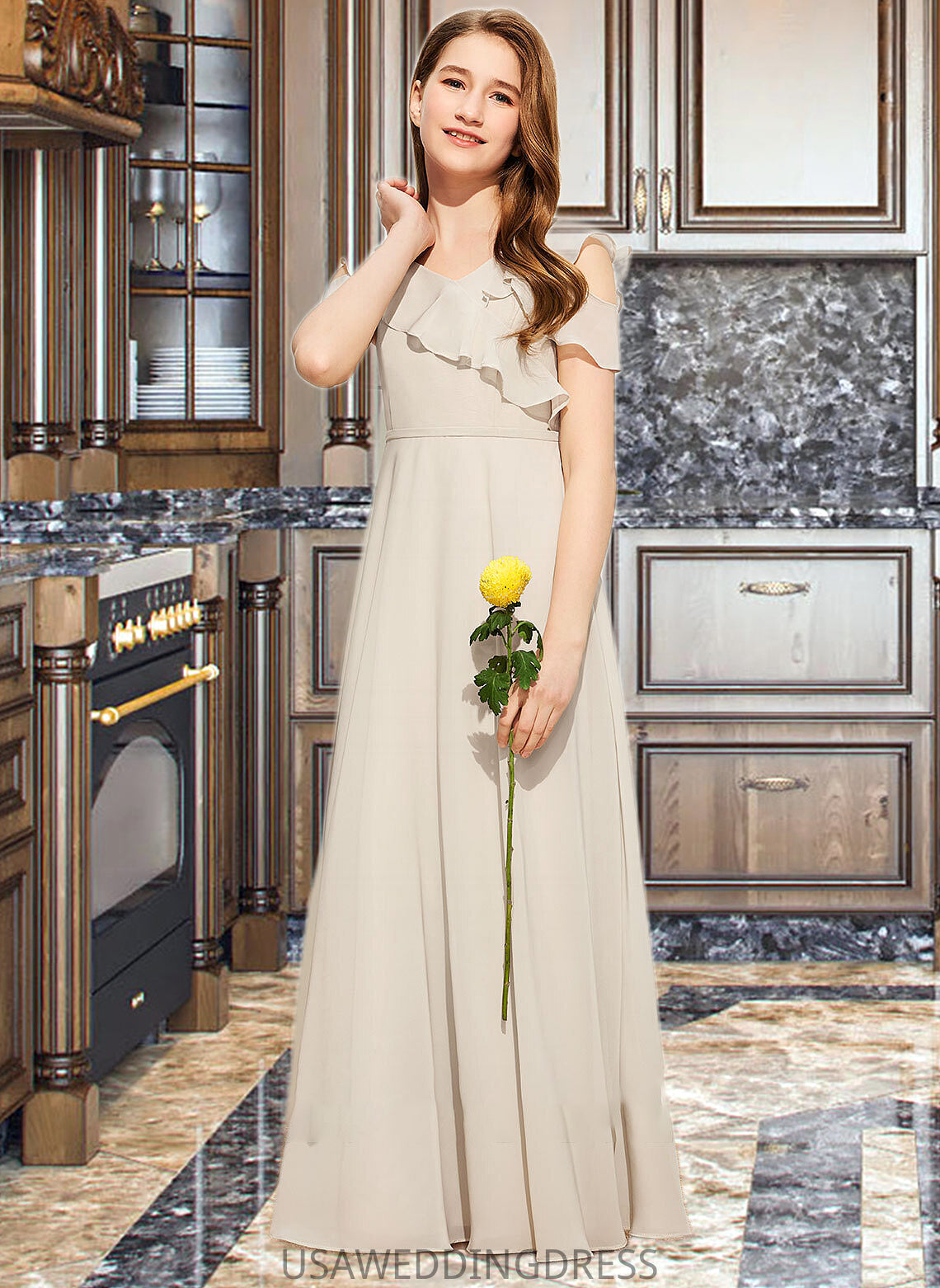 Kinsley A-Line V-neck Floor-Length Chiffon Junior Bridesmaid Dress With Cascading Ruffles DSP0013603