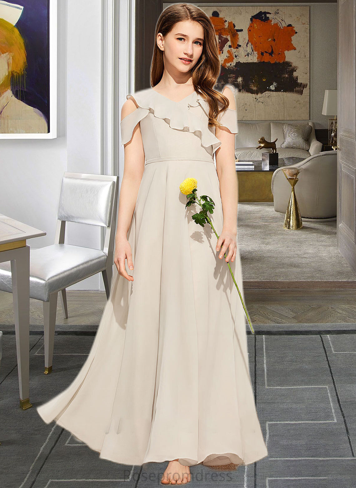 Zoie A-Line V-neck Floor-Length Chiffon Junior Bridesmaid Dress With Cascading Ruffles SRSP0013603