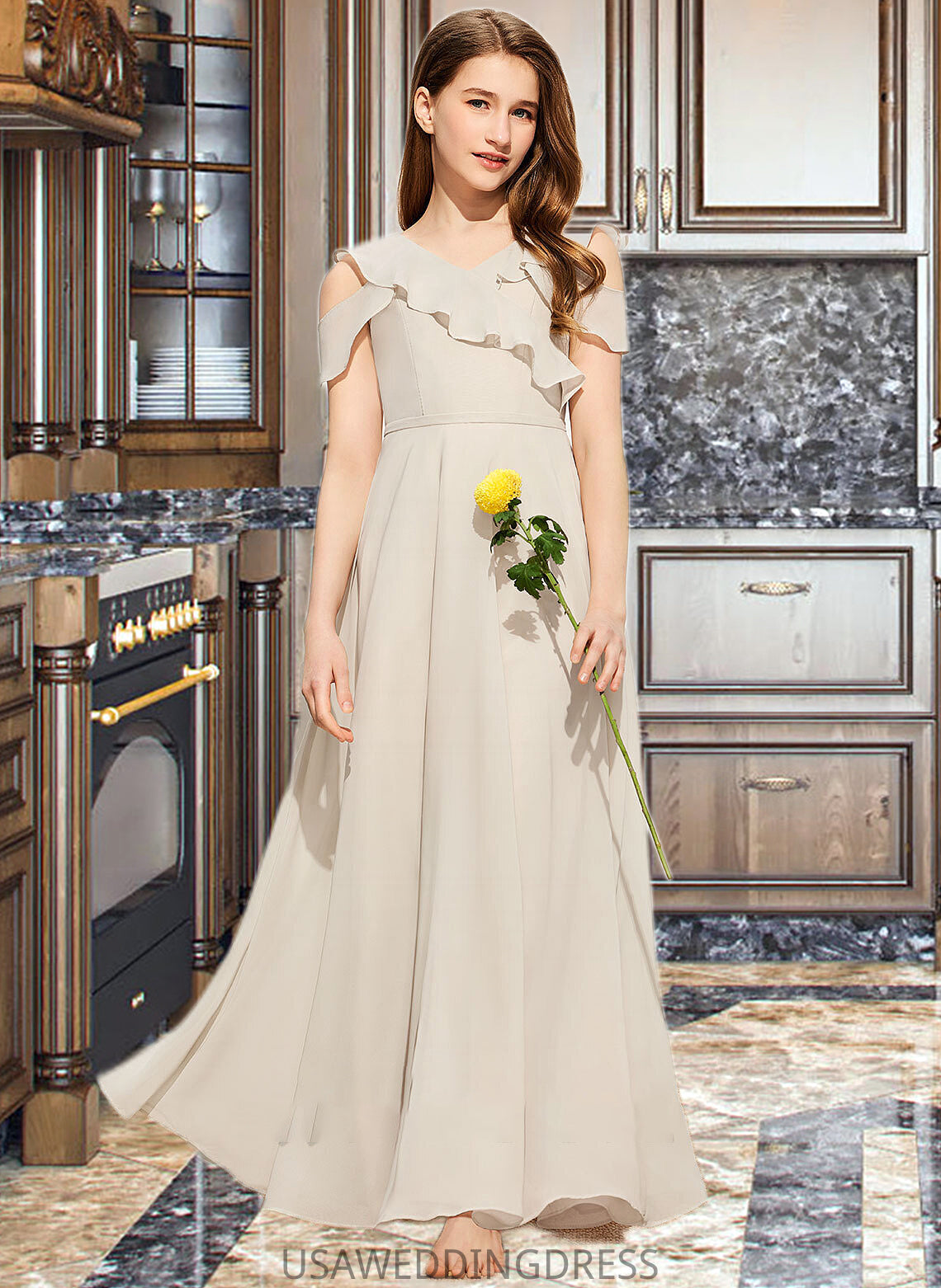 Kinsley A-Line V-neck Floor-Length Chiffon Junior Bridesmaid Dress With Cascading Ruffles DSP0013603