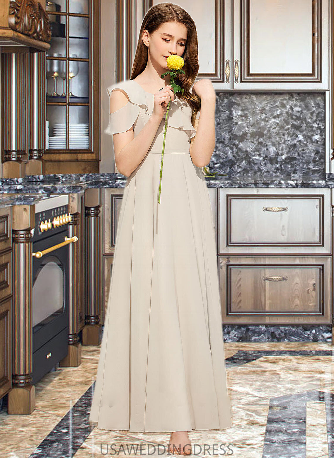 Kinsley A-Line V-neck Floor-Length Chiffon Junior Bridesmaid Dress With Cascading Ruffles DSP0013603