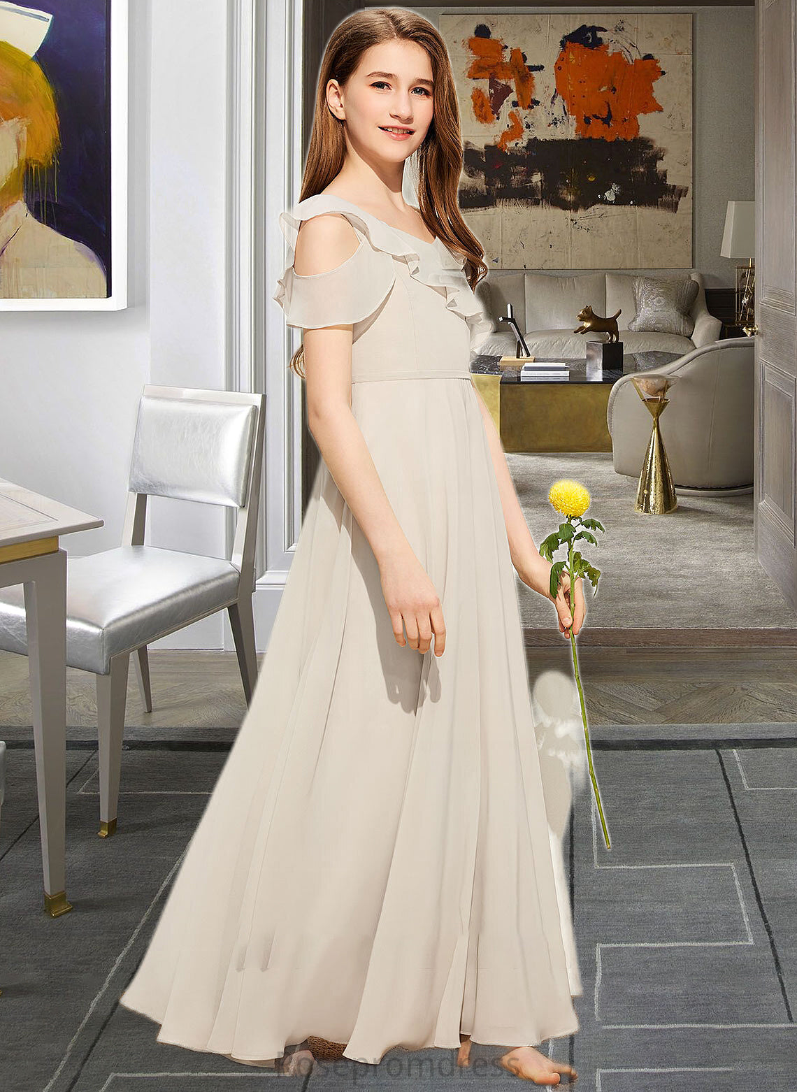 Zoie A-Line V-neck Floor-Length Chiffon Junior Bridesmaid Dress With Cascading Ruffles SRSP0013603