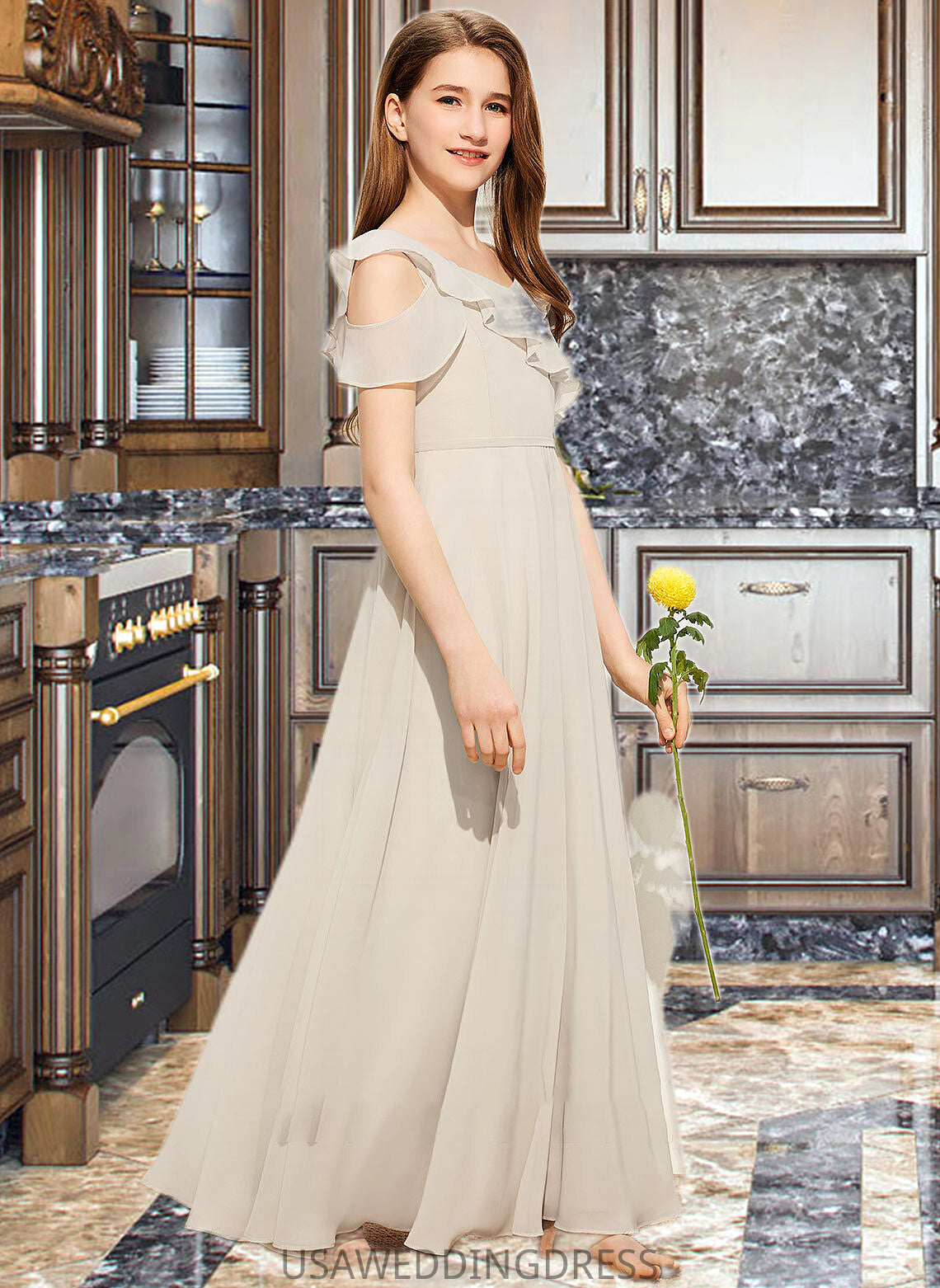 Kinsley A-Line V-neck Floor-Length Chiffon Junior Bridesmaid Dress With Cascading Ruffles DSP0013603