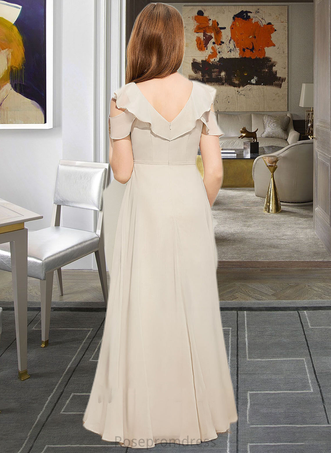 Zoie A-Line V-neck Floor-Length Chiffon Junior Bridesmaid Dress With Cascading Ruffles SRSP0013603