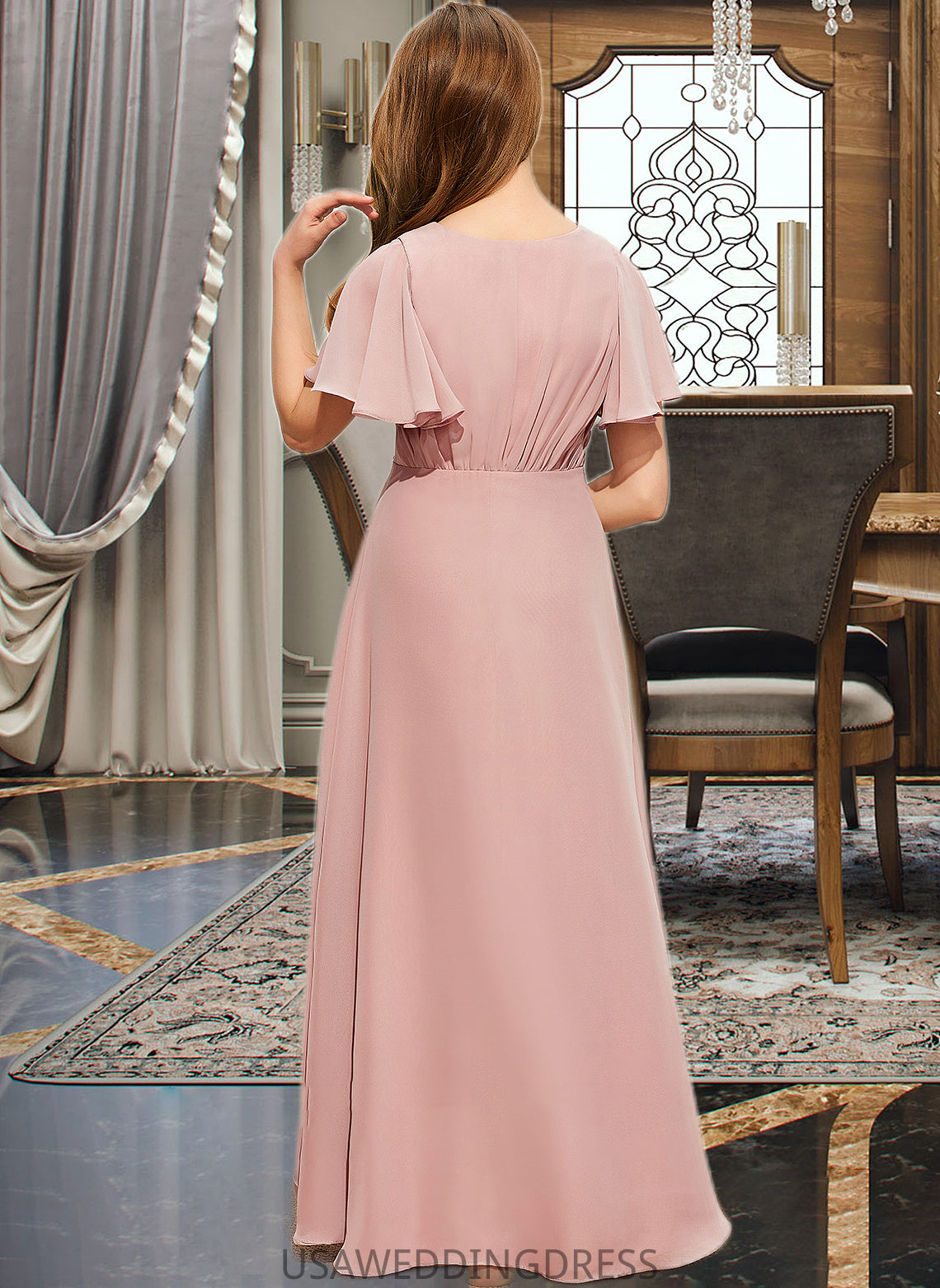 Marely A-Line V-neck Asymmetrical Chiffon Junior Bridesmaid Dress With Ruffle DSP0013604