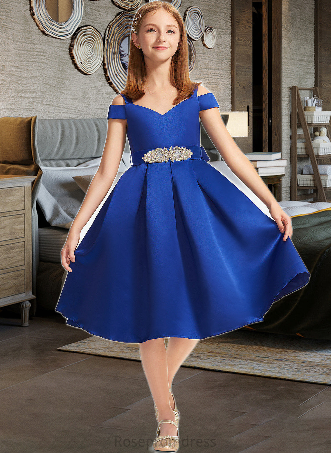 Daniella A-Line Off-the-Shoulder Knee-Length Satin Junior Bridesmaid Dress With Beading Bow(s) SRSP0013605