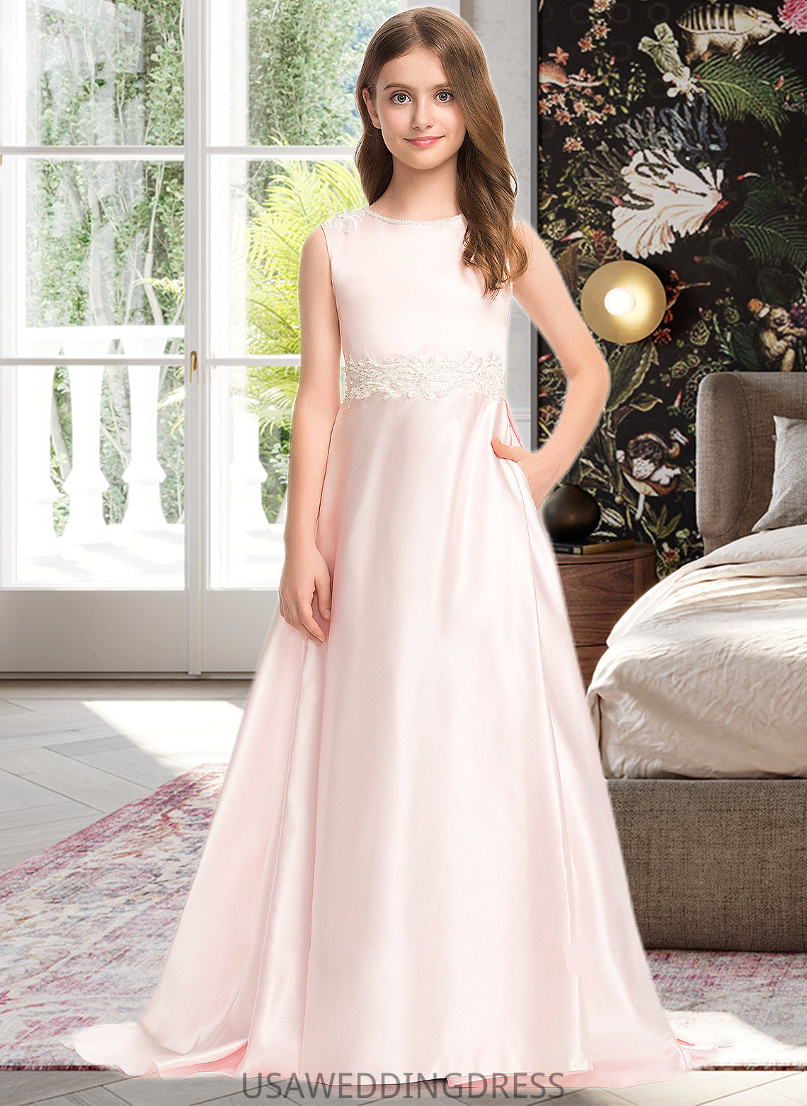 Shiloh A-Line Scoop Neck Sweep Train Satin Lace Junior Bridesmaid Dress With Bow(s) Pockets DSP0013609