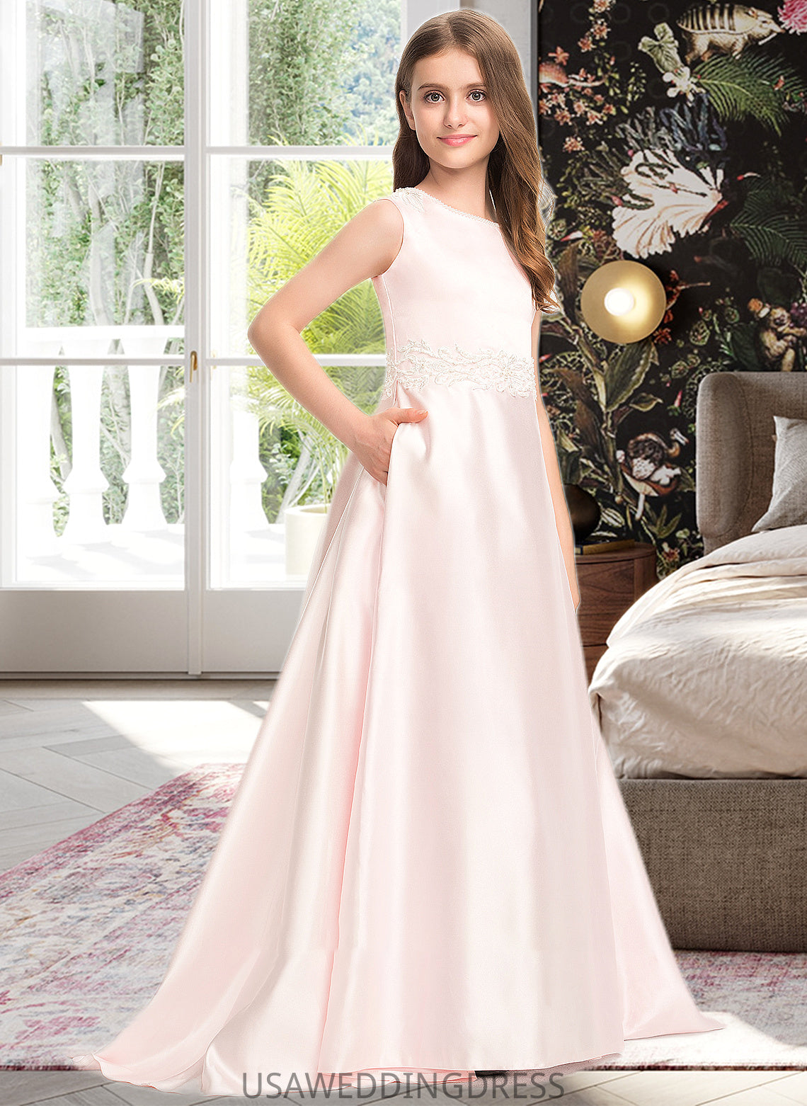 Shiloh A-Line Scoop Neck Sweep Train Satin Lace Junior Bridesmaid Dress With Bow(s) Pockets DSP0013609