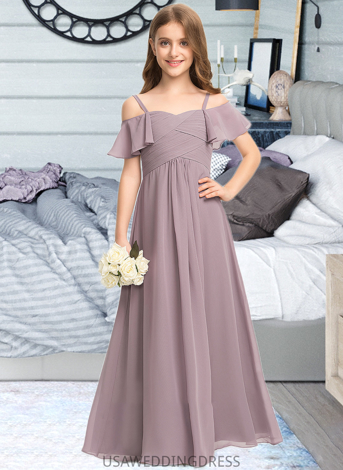 Hadassah A-Line Off-the-Shoulder Floor-Length Chiffon Junior Bridesmaid Dress With Ruffle DSP0013610