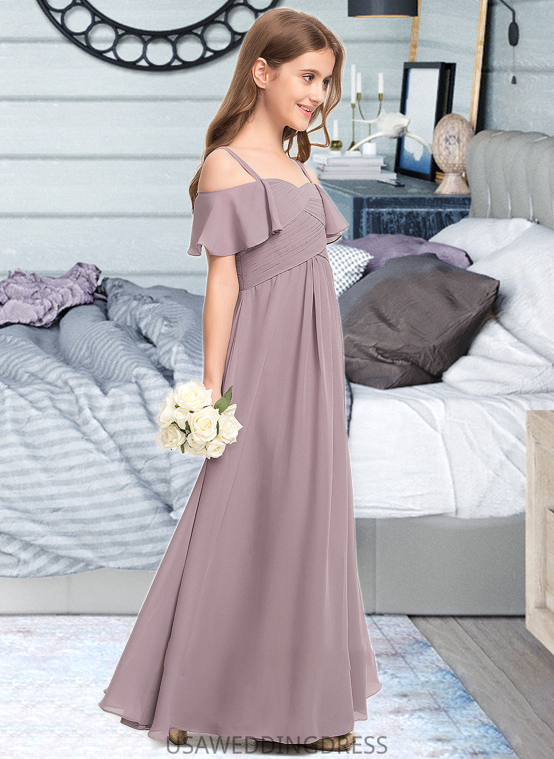 Hadassah A-Line Off-the-Shoulder Floor-Length Chiffon Junior Bridesmaid Dress With Ruffle DSP0013610