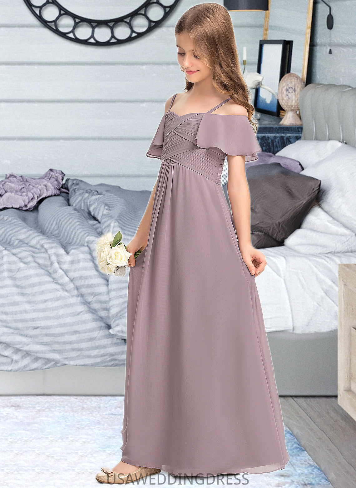 Hadassah A-Line Off-the-Shoulder Floor-Length Chiffon Junior Bridesmaid Dress With Ruffle DSP0013610