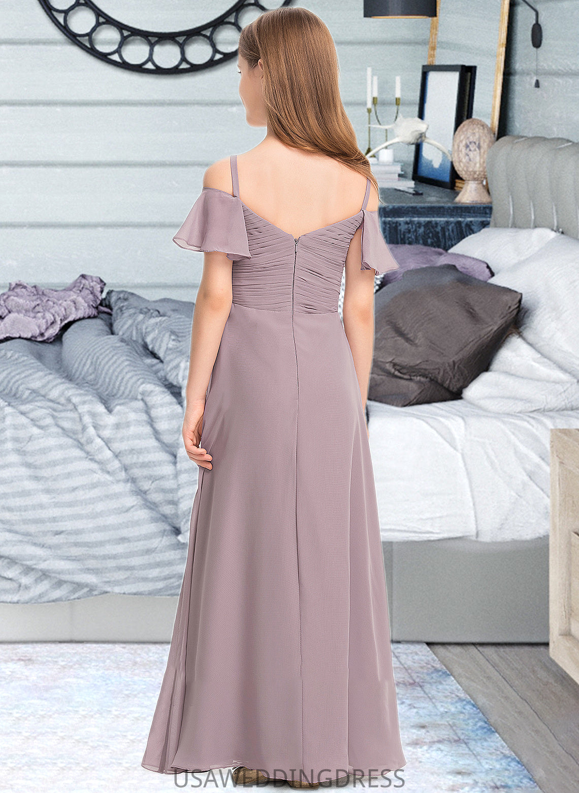 Hadassah A-Line Off-the-Shoulder Floor-Length Chiffon Junior Bridesmaid Dress With Ruffle DSP0013610