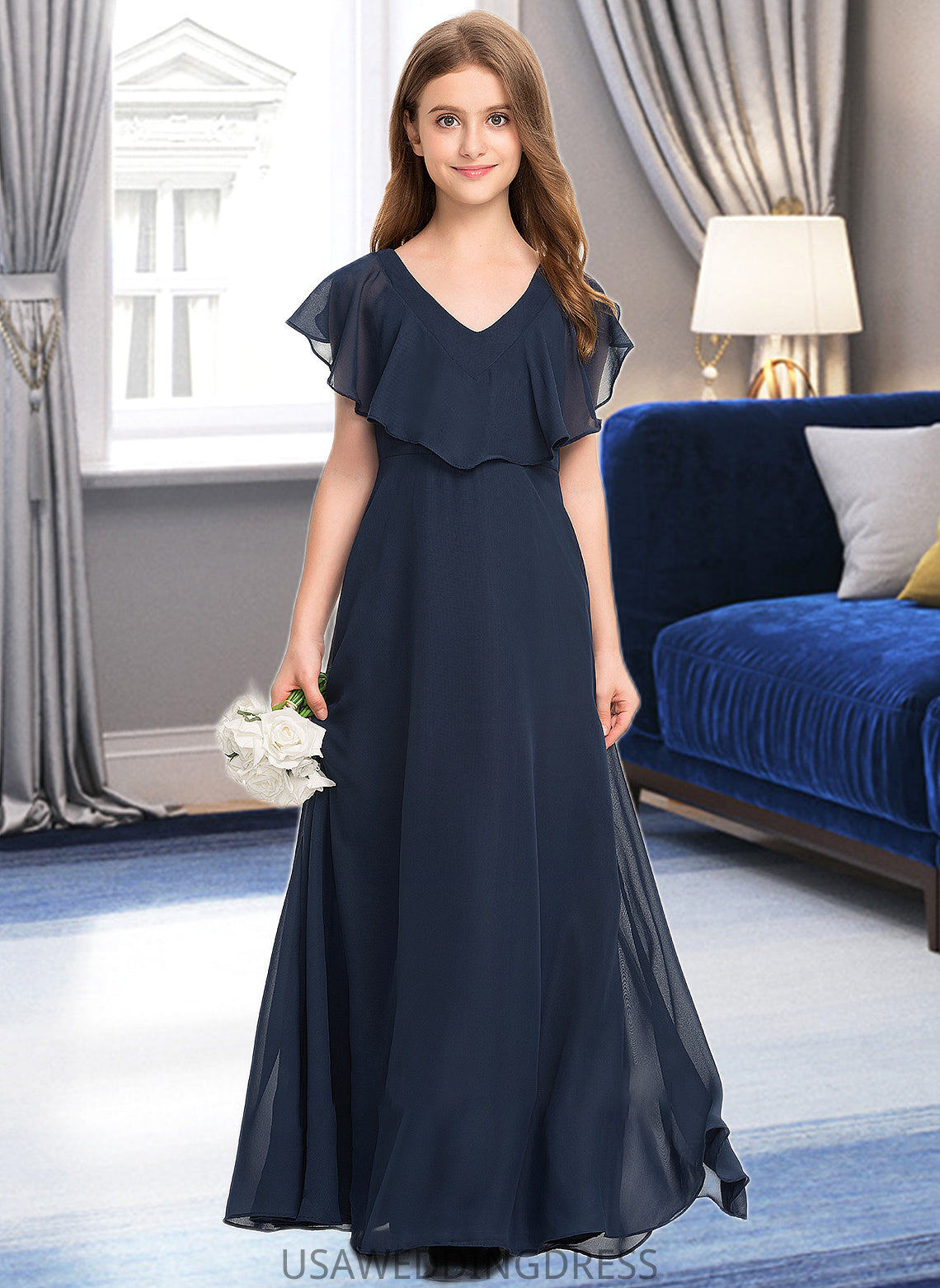 Trinity A-Line V-neck Floor-Length Chiffon Junior Bridesmaid Dress DSP0013611