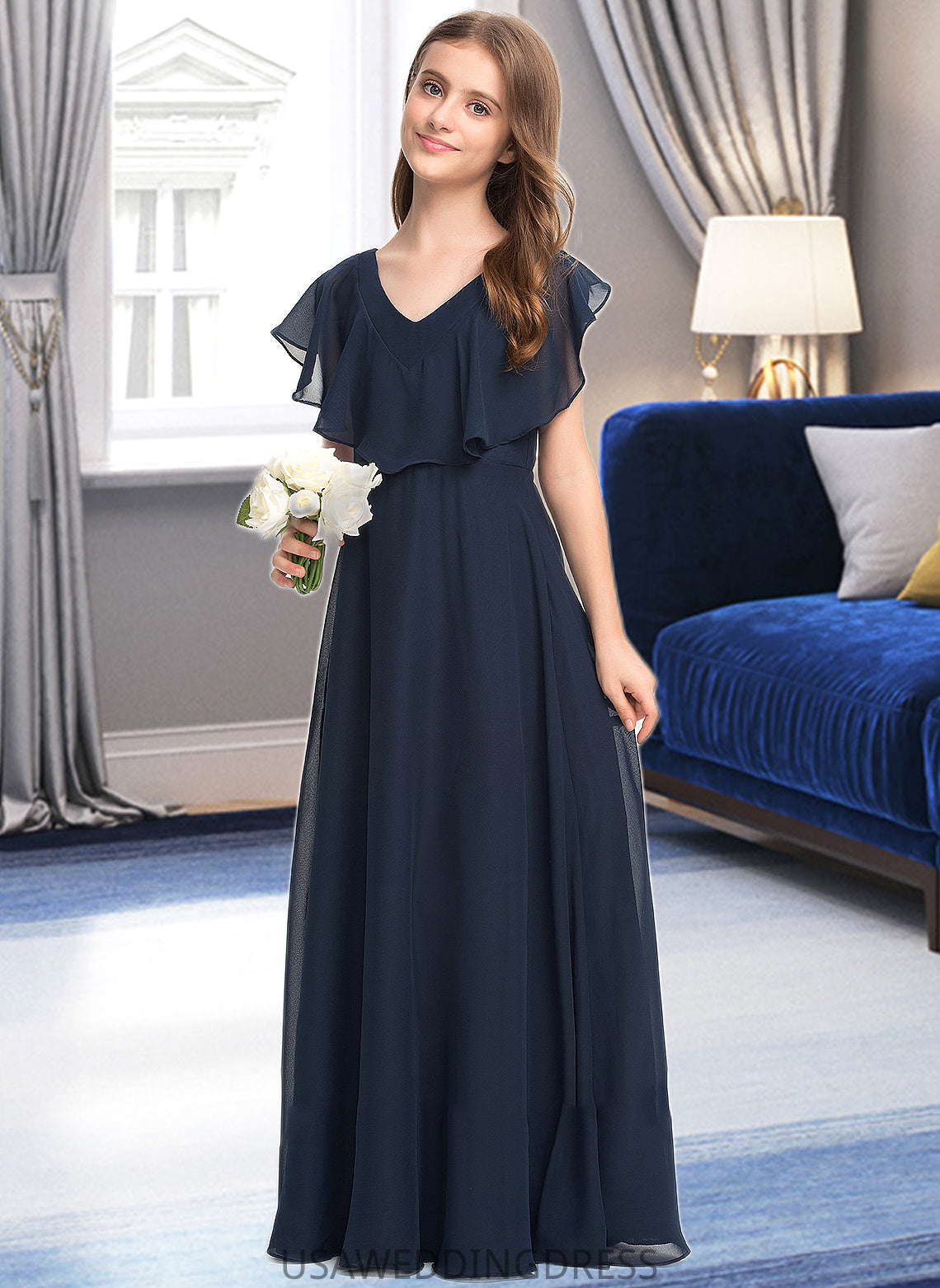 Trinity A-Line V-neck Floor-Length Chiffon Junior Bridesmaid Dress DSP0013611