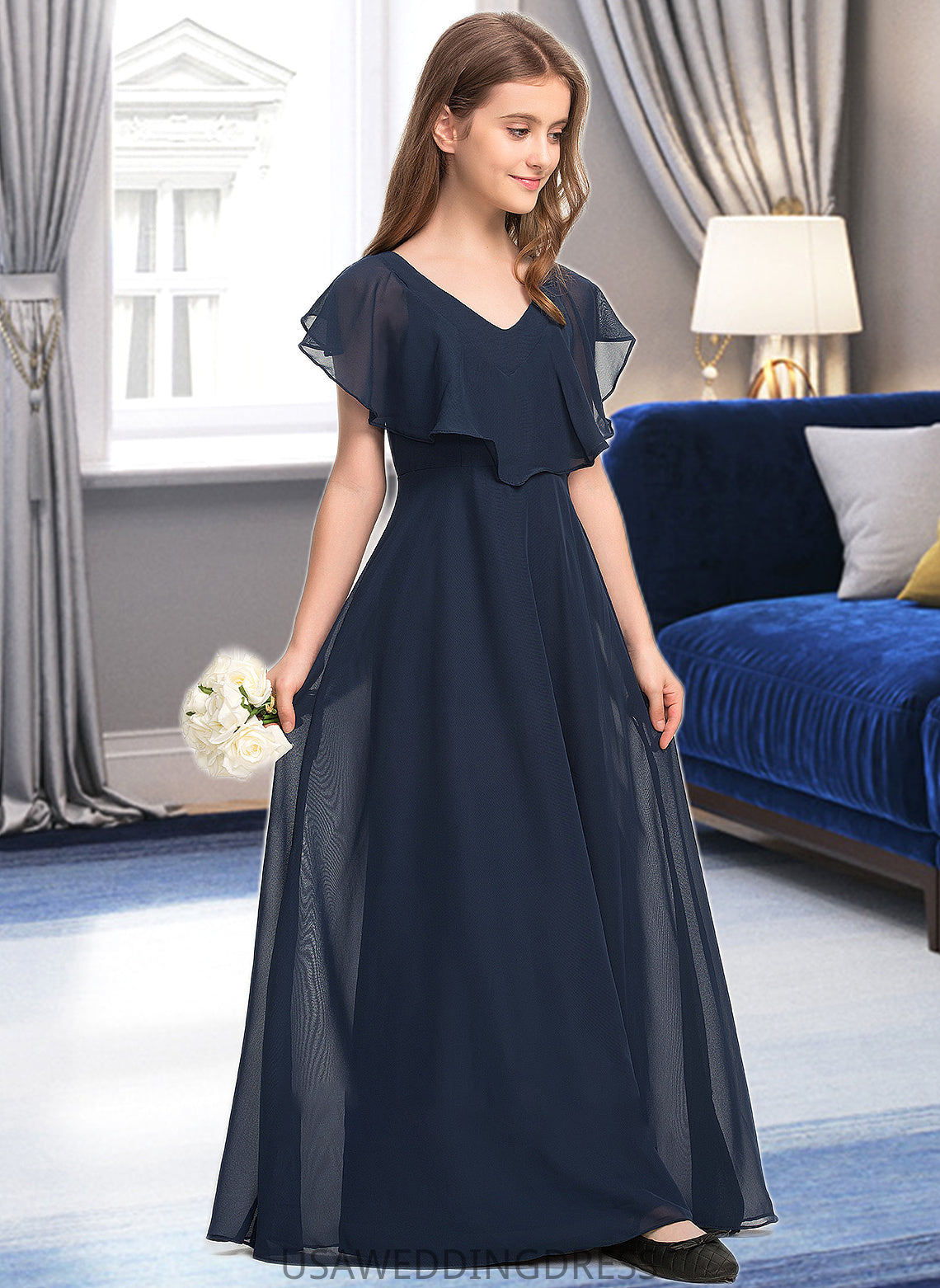 Trinity A-Line V-neck Floor-Length Chiffon Junior Bridesmaid Dress DSP0013611