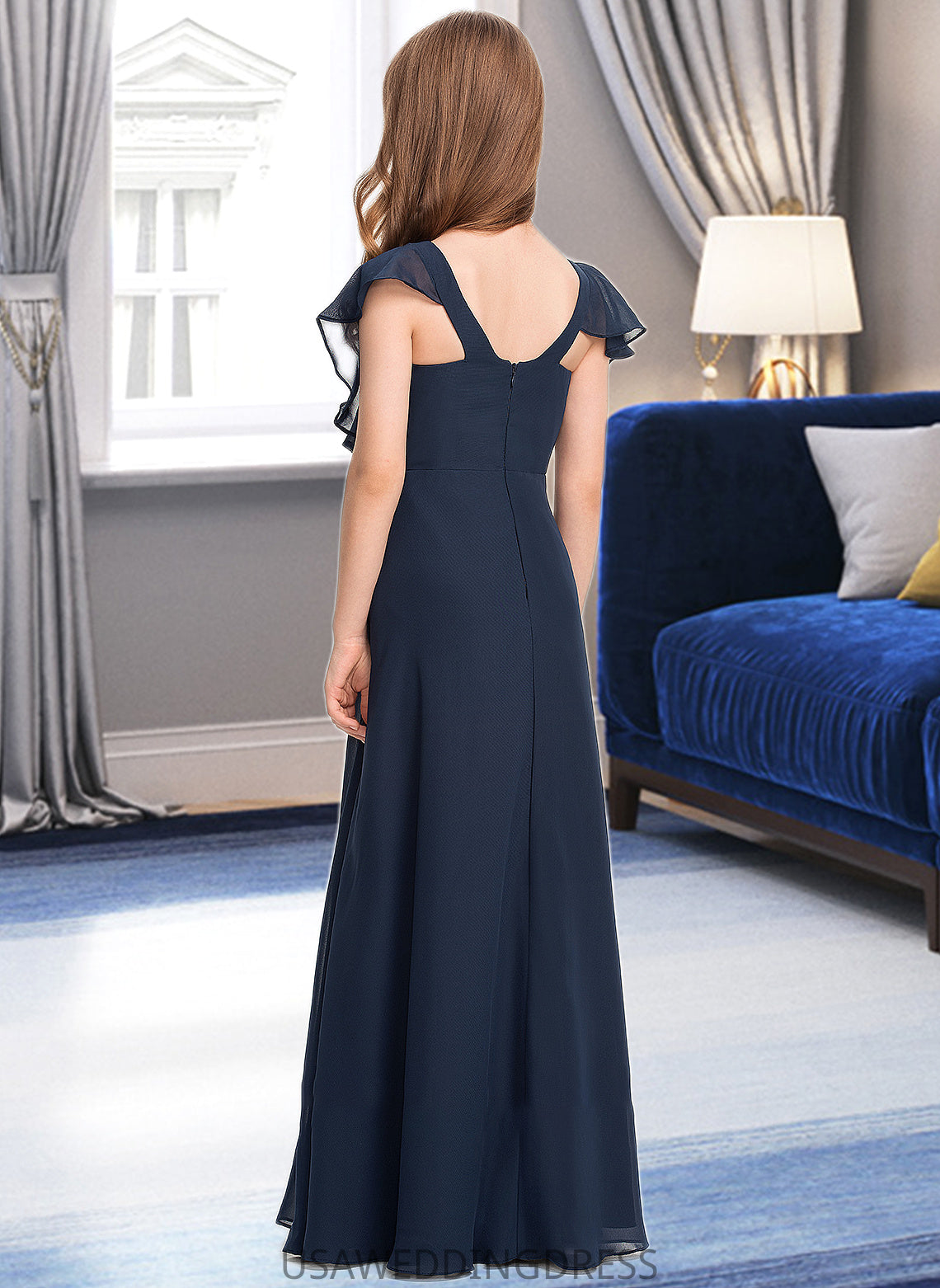 Trinity A-Line V-neck Floor-Length Chiffon Junior Bridesmaid Dress DSP0013611