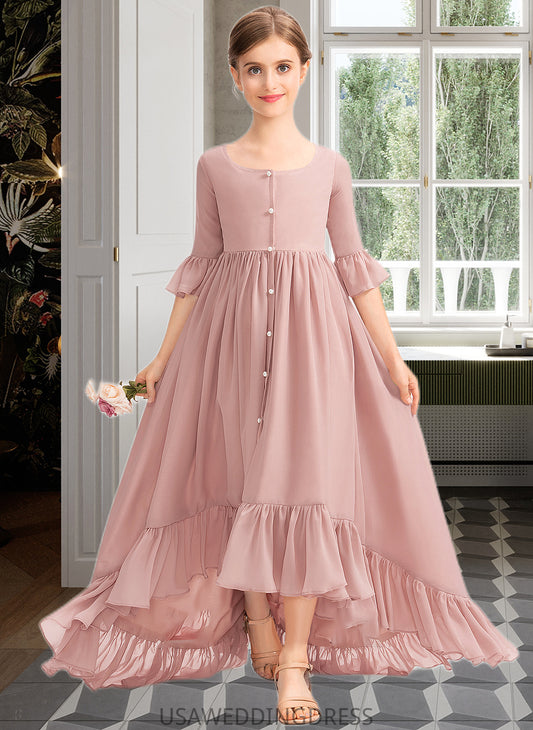 Kadence A-Line Scoop Neck Asymmetrical Chiffon Junior Bridesmaid Dress With Bow(s) Cascading Ruffles DSP0013612