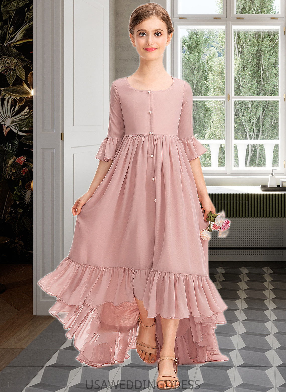 Kadence A-Line Scoop Neck Asymmetrical Chiffon Junior Bridesmaid Dress With Bow(s) Cascading Ruffles DSP0013612