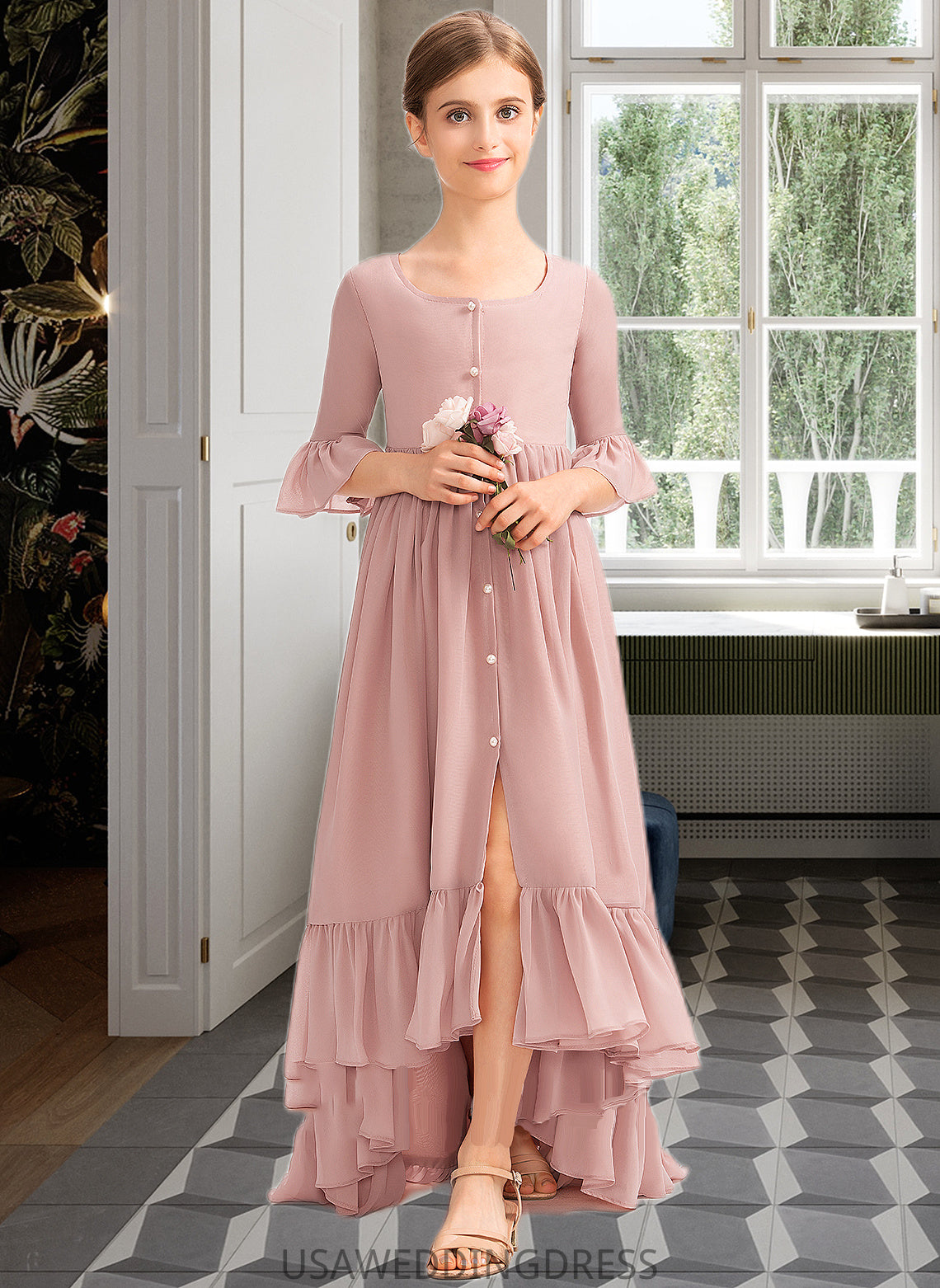 Kadence A-Line Scoop Neck Asymmetrical Chiffon Junior Bridesmaid Dress With Bow(s) Cascading Ruffles DSP0013612