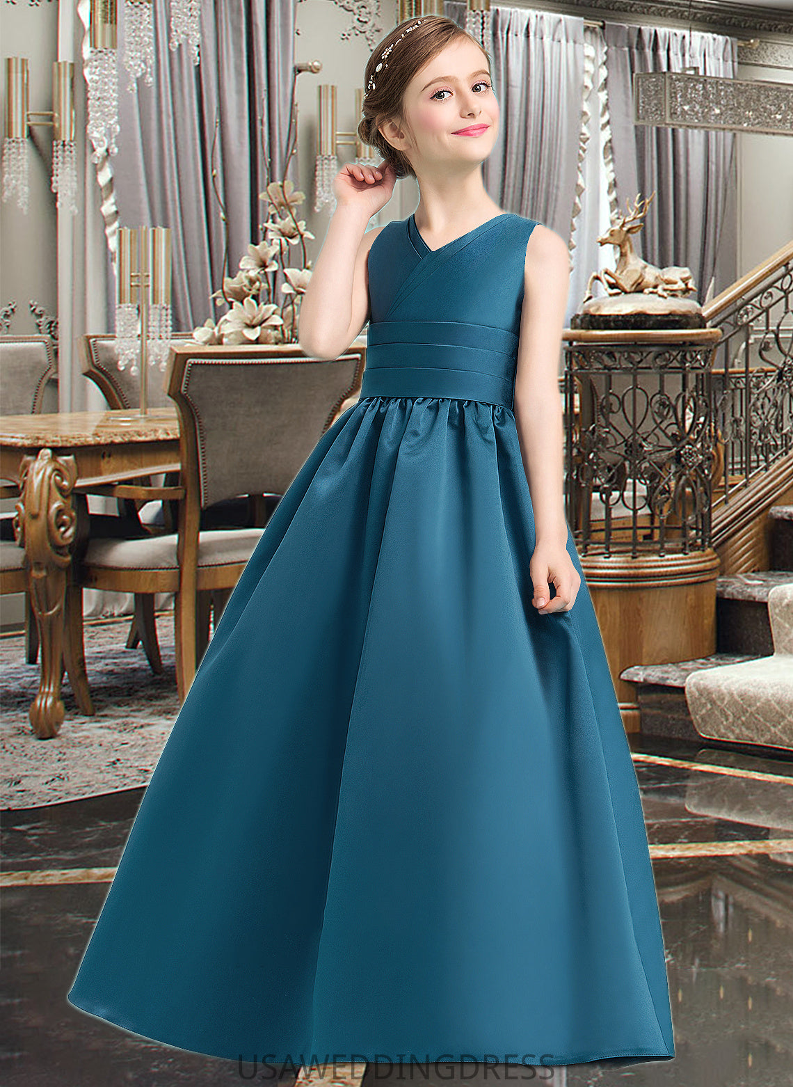 Zariah Ball-Gown/Princess V-neck Floor-Length Satin Junior Bridesmaid Dress With Ruffle DSP0013613