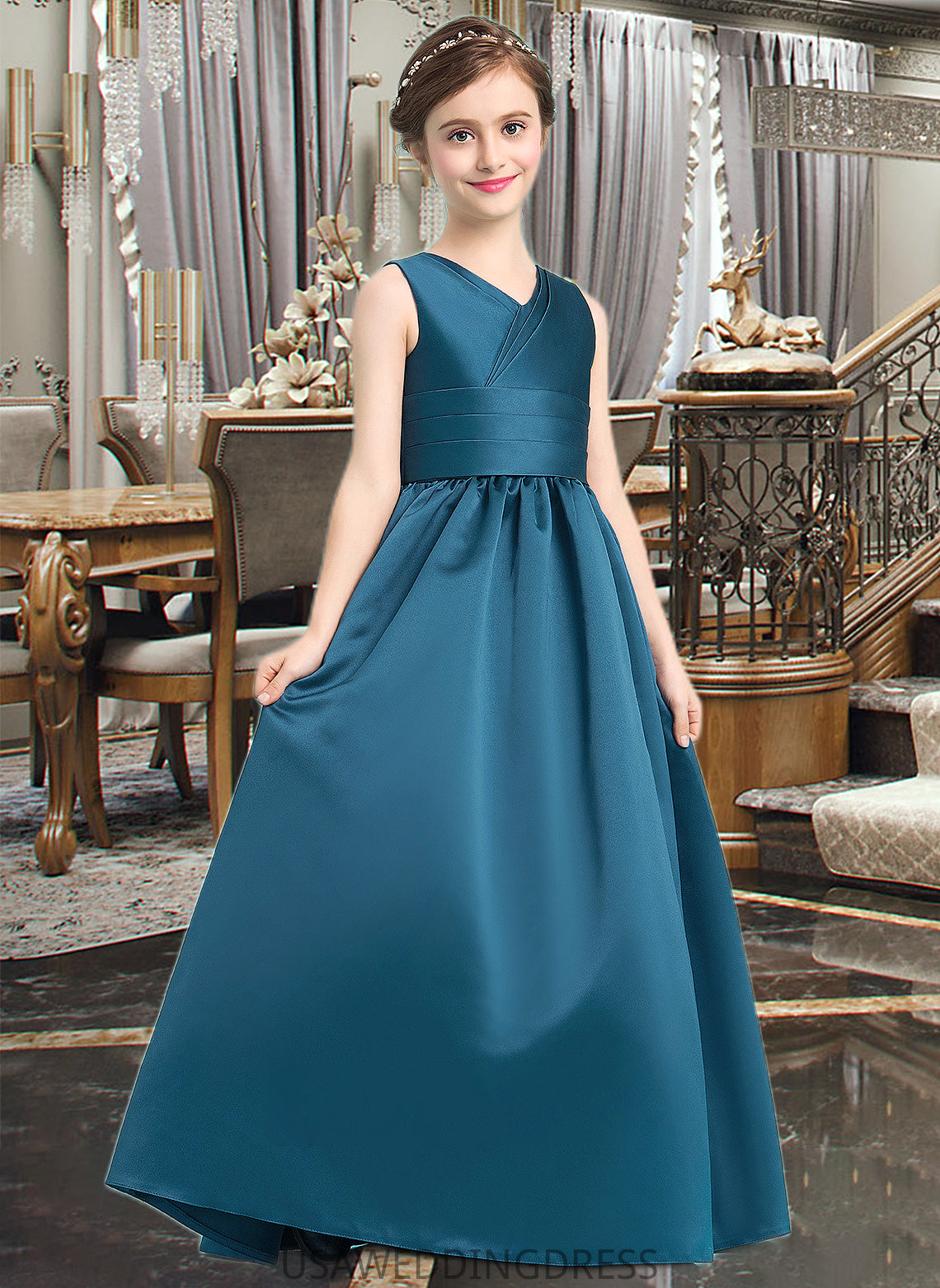 Zariah Ball-Gown/Princess V-neck Floor-Length Satin Junior Bridesmaid Dress With Ruffle DSP0013613