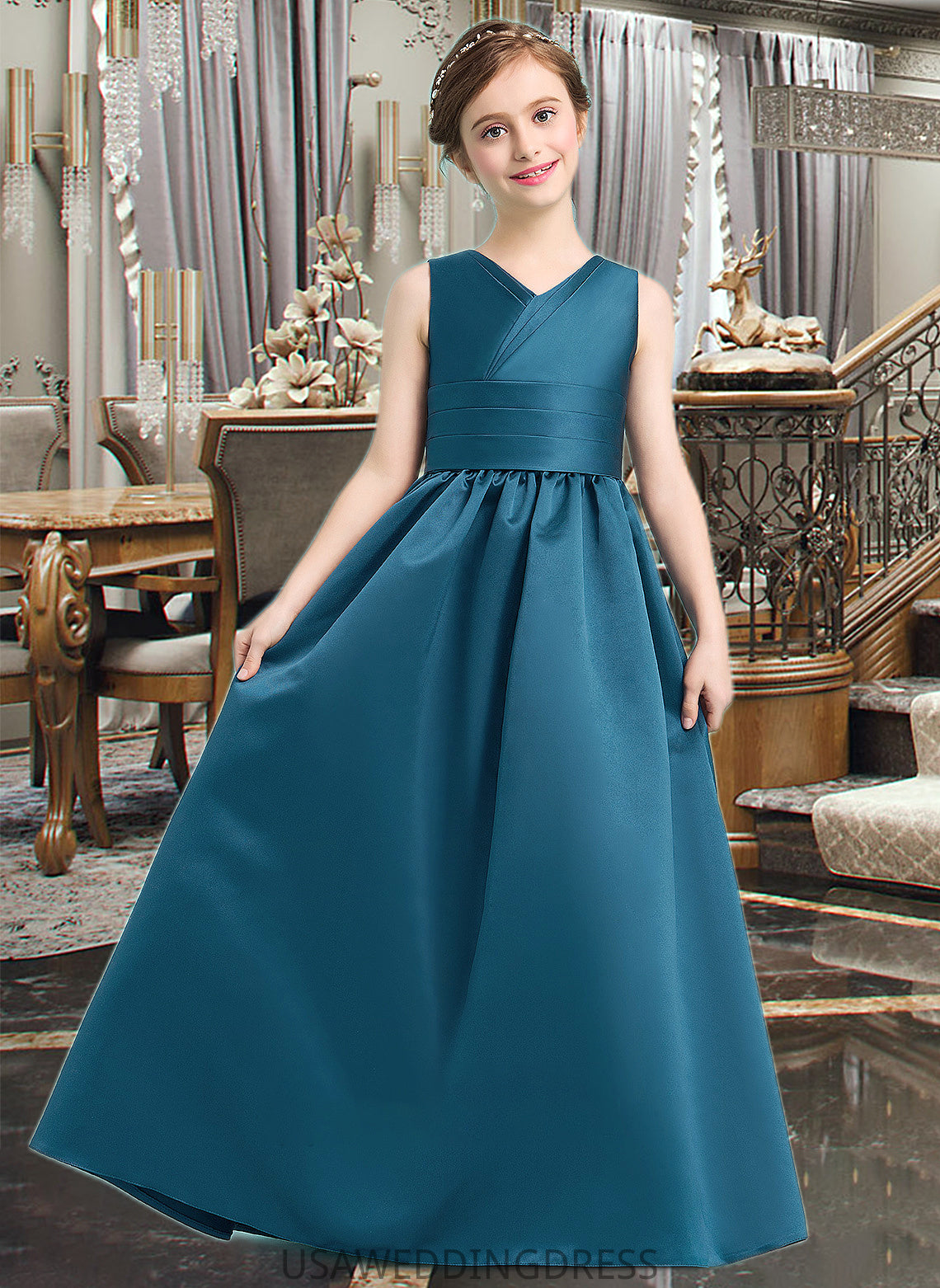 Zariah Ball-Gown/Princess V-neck Floor-Length Satin Junior Bridesmaid Dress With Ruffle DSP0013613