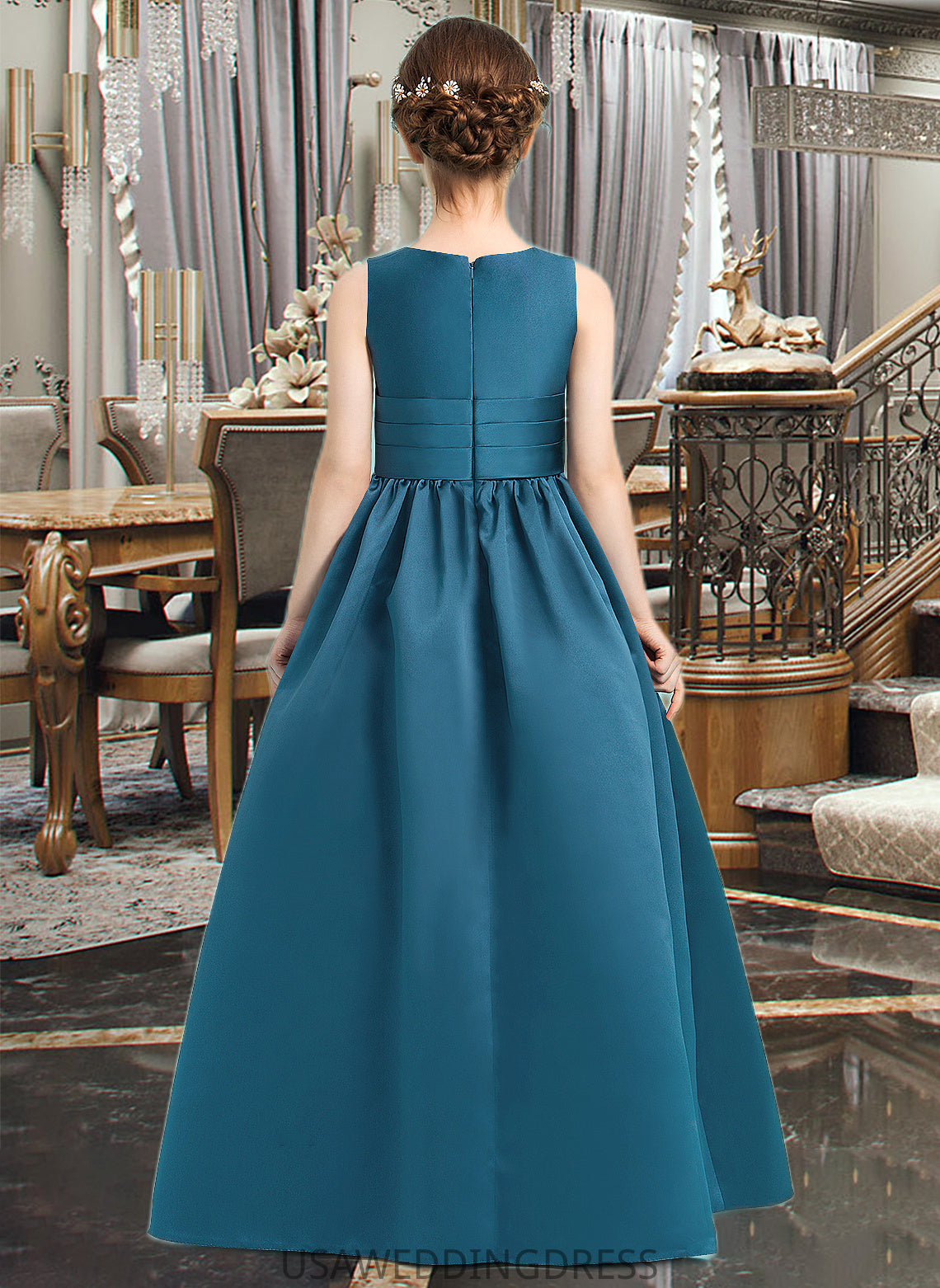 Zariah Ball-Gown/Princess V-neck Floor-Length Satin Junior Bridesmaid Dress With Ruffle DSP0013613