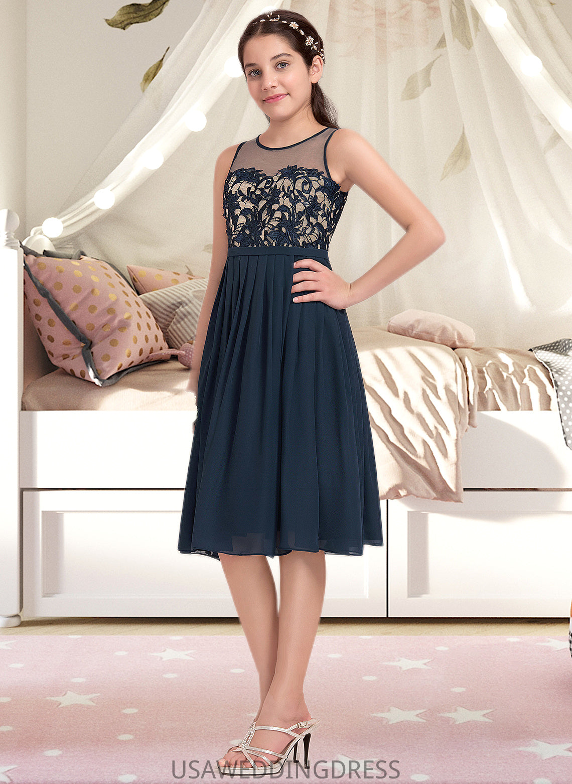 Ashley A-Line Scoop Neck Knee-Length Chiffon Junior Bridesmaid Dress DSP0013614