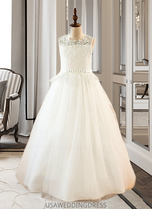 Alisa Ball-Gown/PrincessScoopNeckFloor-LengthTulleJuniorBridesmaidDressWithSashBeading#136423 DSP0013615