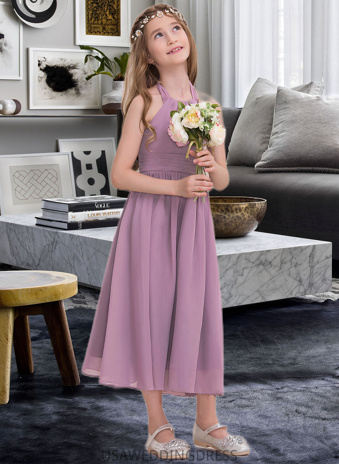 Nayeli A-Line Halter Tea-Length Chiffon Junior Bridesmaid Dress With Ruffle DSP0013616