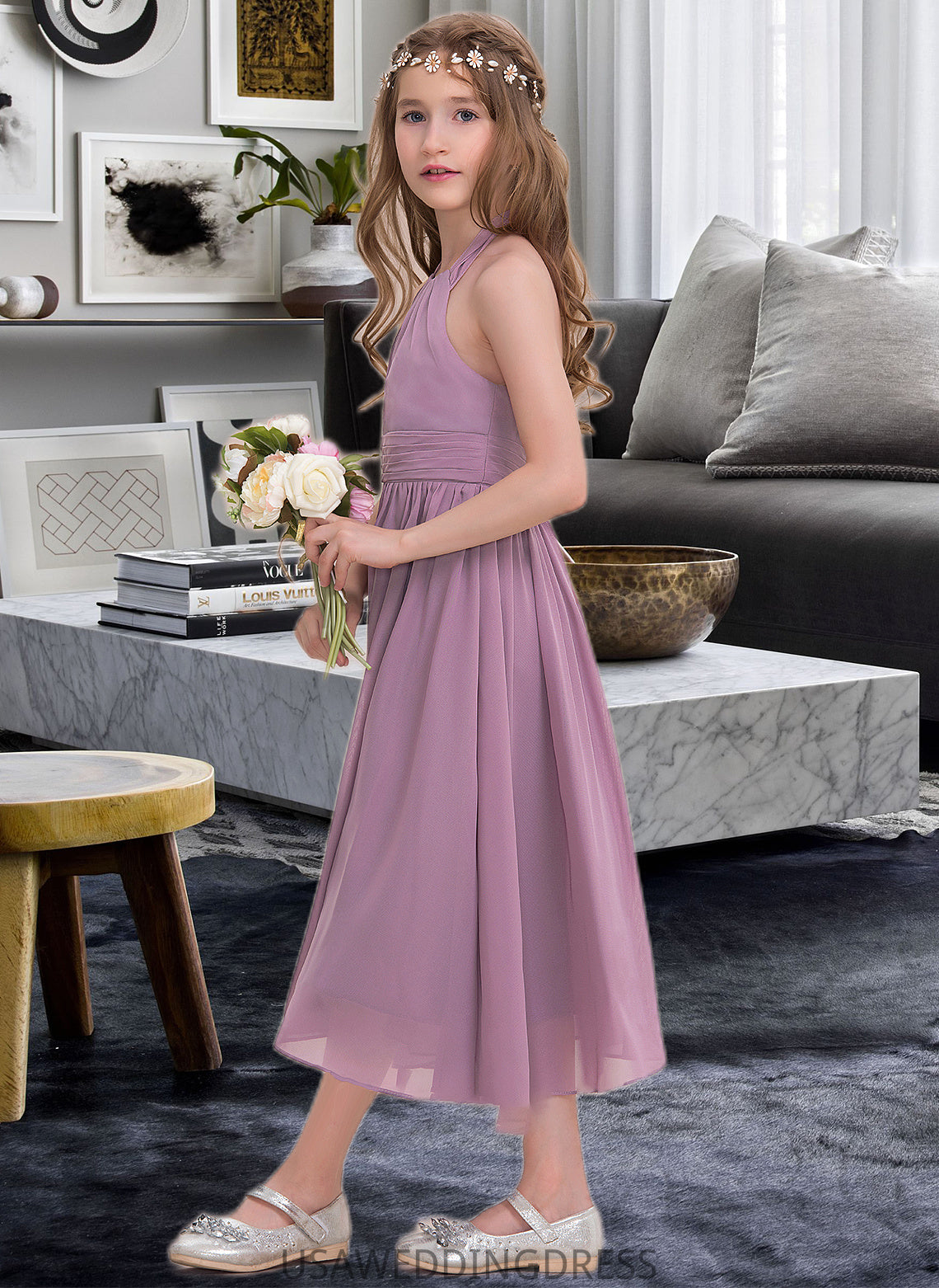 Nayeli A-Line Halter Tea-Length Chiffon Junior Bridesmaid Dress With Ruffle DSP0013616