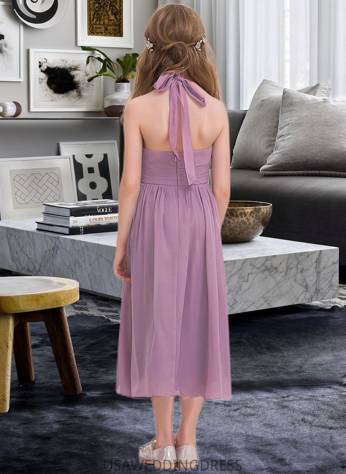 Nayeli A-Line Halter Tea-Length Chiffon Junior Bridesmaid Dress With Ruffle DSP0013616