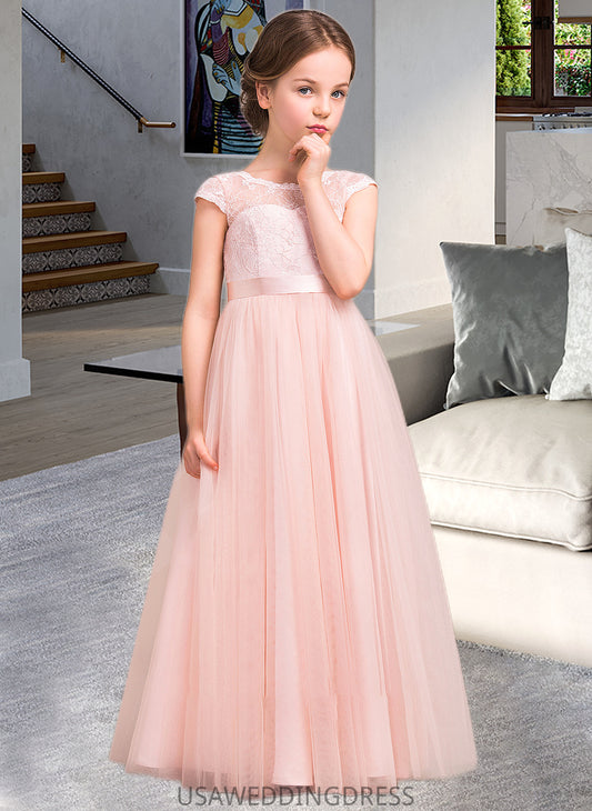 Gabrielle A-Line Scoop Neck Floor-Length Tulle Lace Junior Bridesmaid Dress With Bow(s) DSP0013619